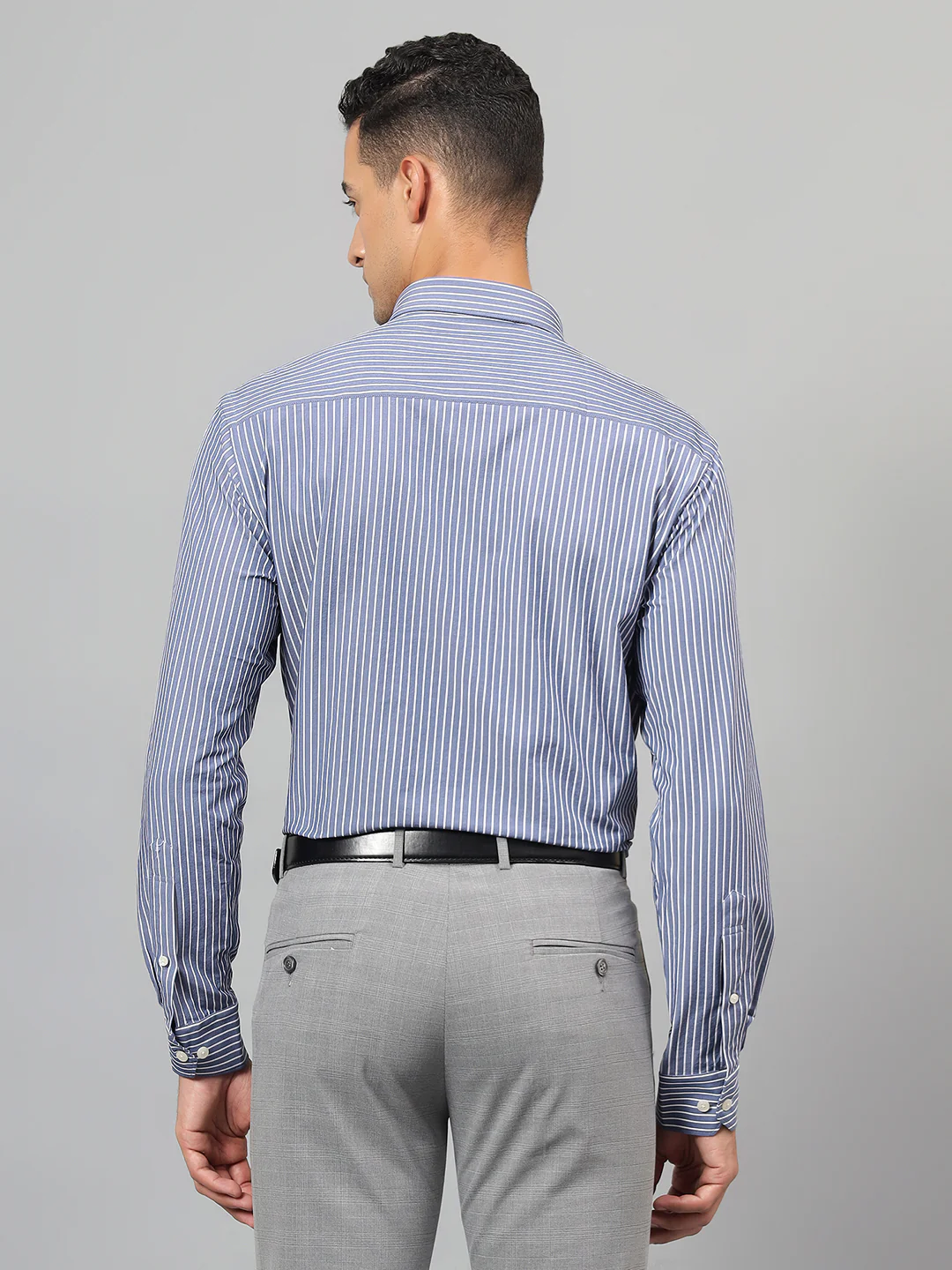 Men's Navy Blue Striped Formal Full Sleeves Shirt - Image 3