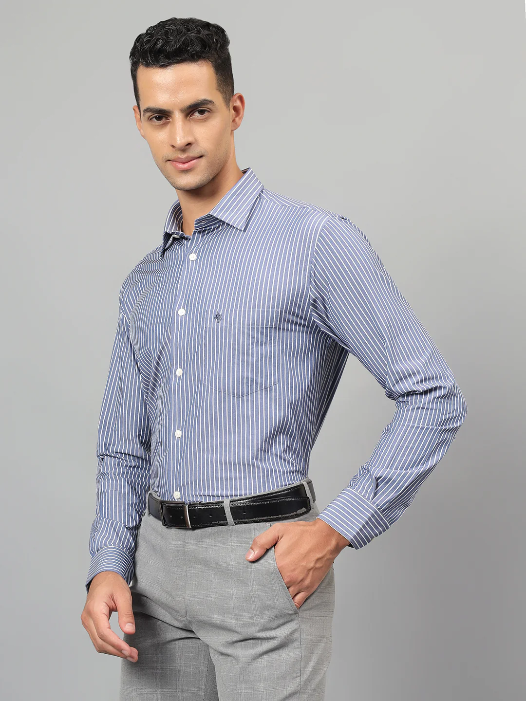 Men's Navy Blue Striped Formal Full Sleeves Shirt - Image 4
