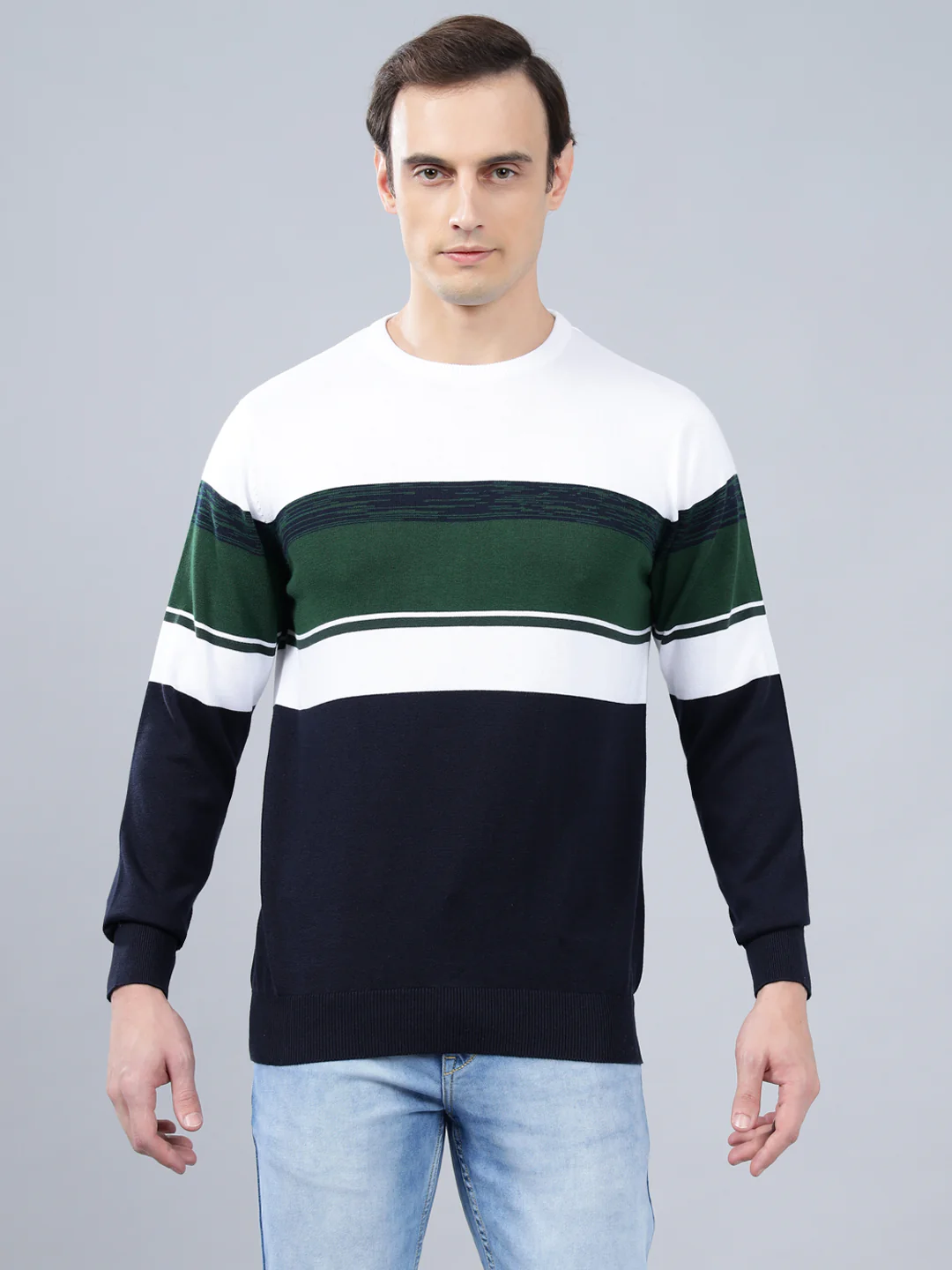 Men's Navy Blue Striped Full Sleeve Sweater - Image 2