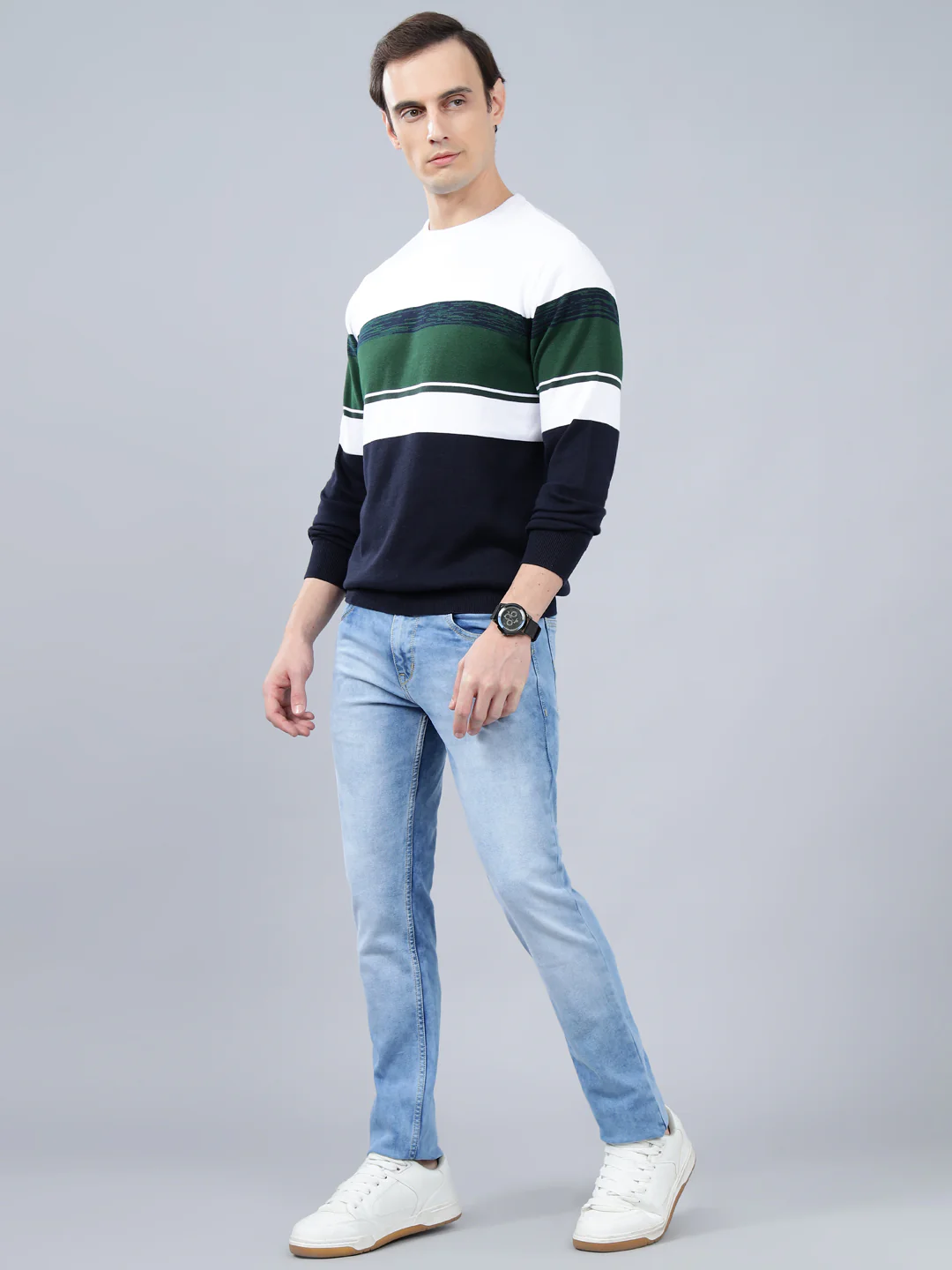 Men's Navy Blue Striped Full Sleeve Sweater - Image 3