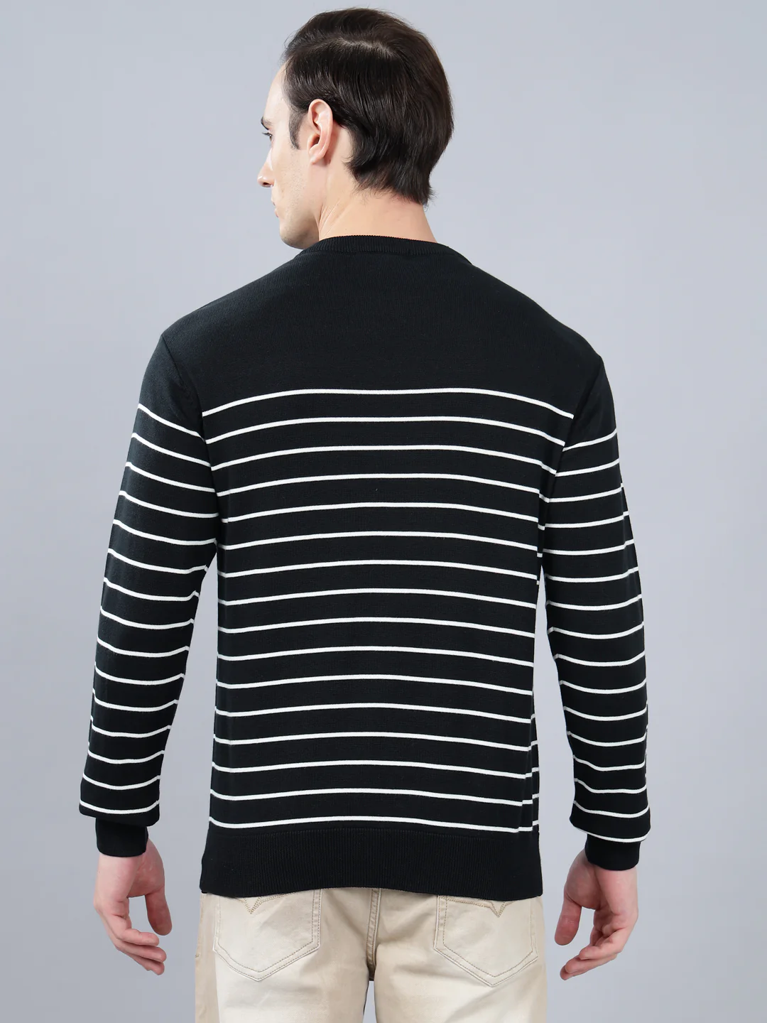 Men's Navy Blue Striped Full Sleeve Sweater - Image 2