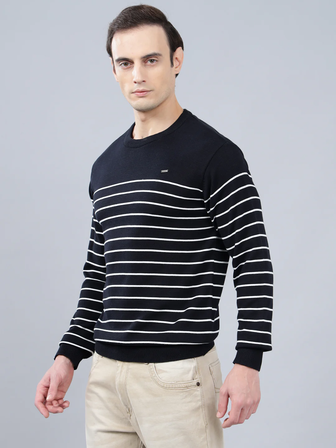 Men's Navy Blue Striped Full Sleeve Sweater - Image 3