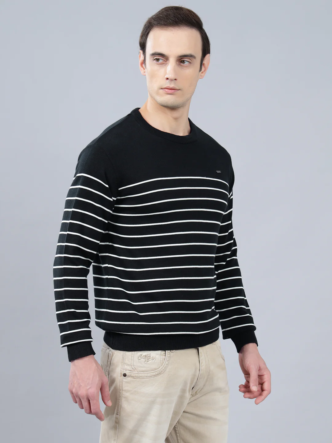 Men's Navy Blue Striped Full Sleeve Sweater - Image 4