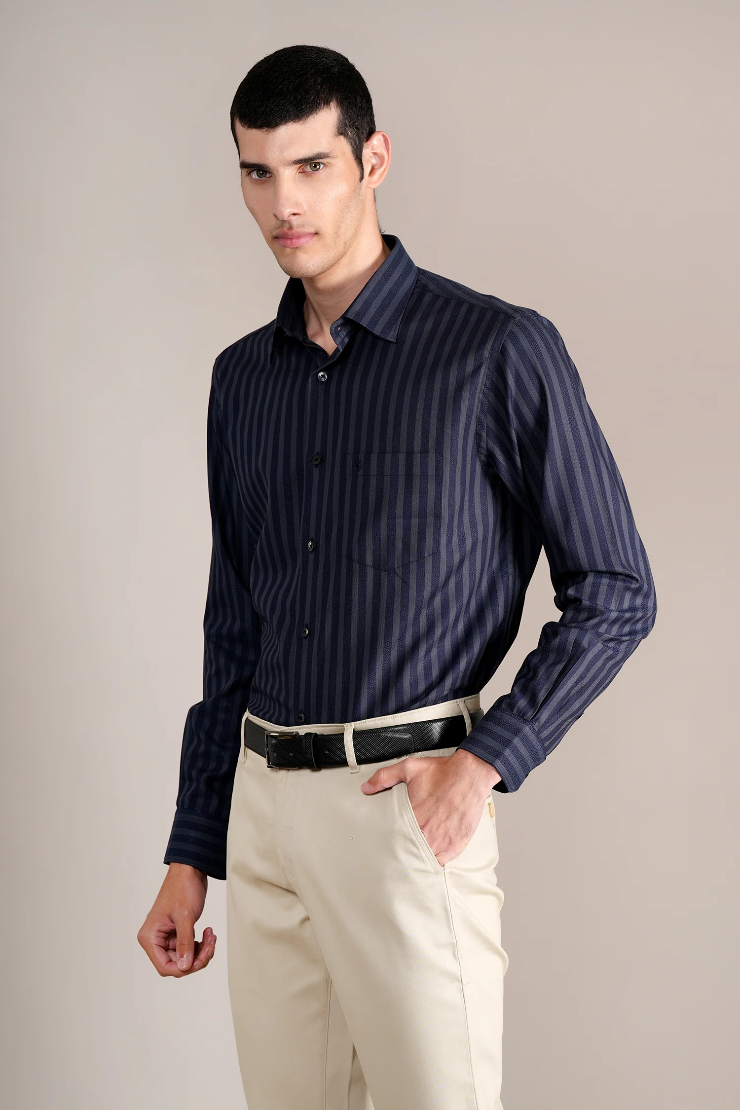 Formal Shirt for Men l Breathable & Soft with Color Fastness Regular Fit Spread Collar Neck Cotton Fabric Striped Pattern - Image 3