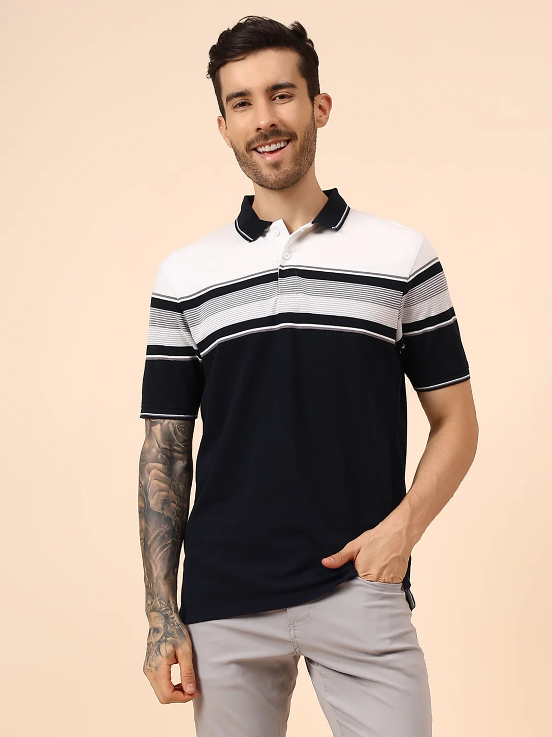 T-Shirt for Men | Breathable & Soft with Color Fastness Regular Fit Polo Neck Poly Cotton Fabric Striped Pattern - Image 2