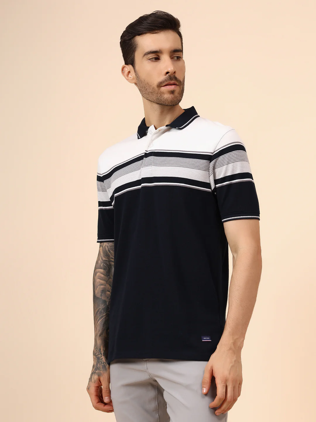 T-Shirt for Men | Breathable & Soft with Color Fastness Regular Fit Polo Neck Poly Cotton Fabric Striped Pattern - Image 3
