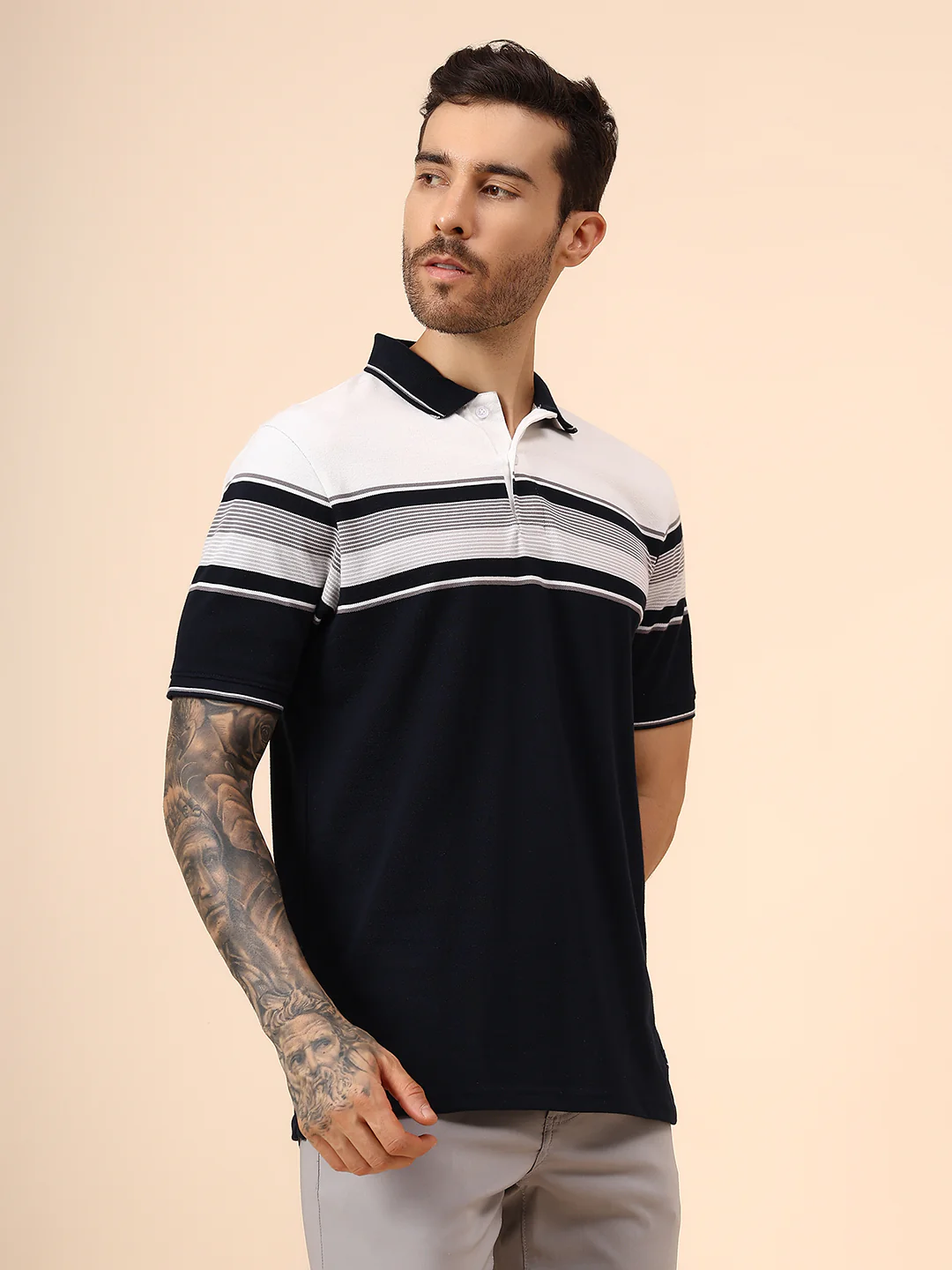 T-Shirt for Men | Breathable & Soft with Color Fastness Regular Fit Polo Neck Poly Cotton Fabric Striped Pattern - Image 4