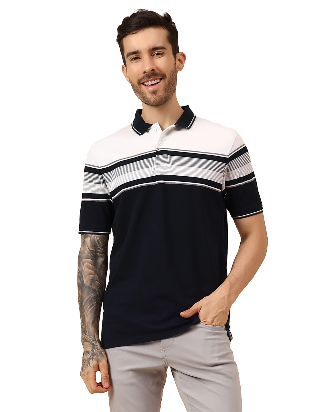 T-Shirt for Men | Breathable & Soft with Color Fastness Regular Fit Polo Neck Poly Cotton Fabric Striped Pattern - Image 8