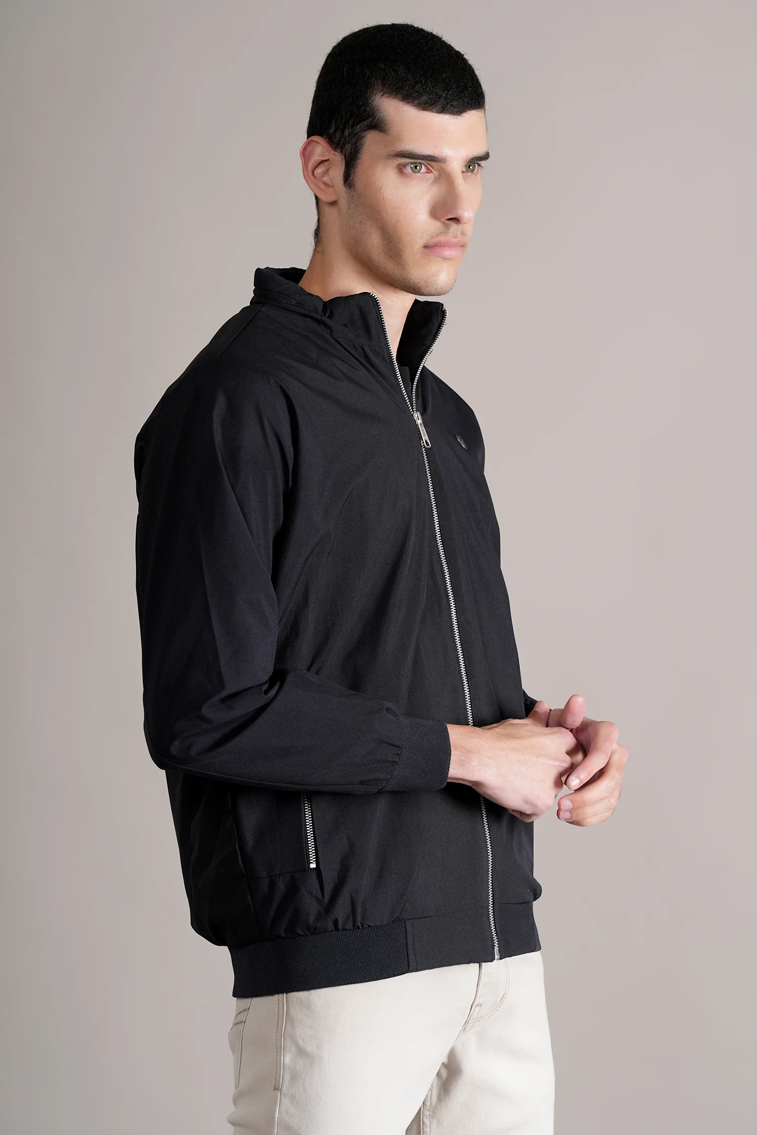 Men's Navy Solid Mock Collar Jacket - Image 3