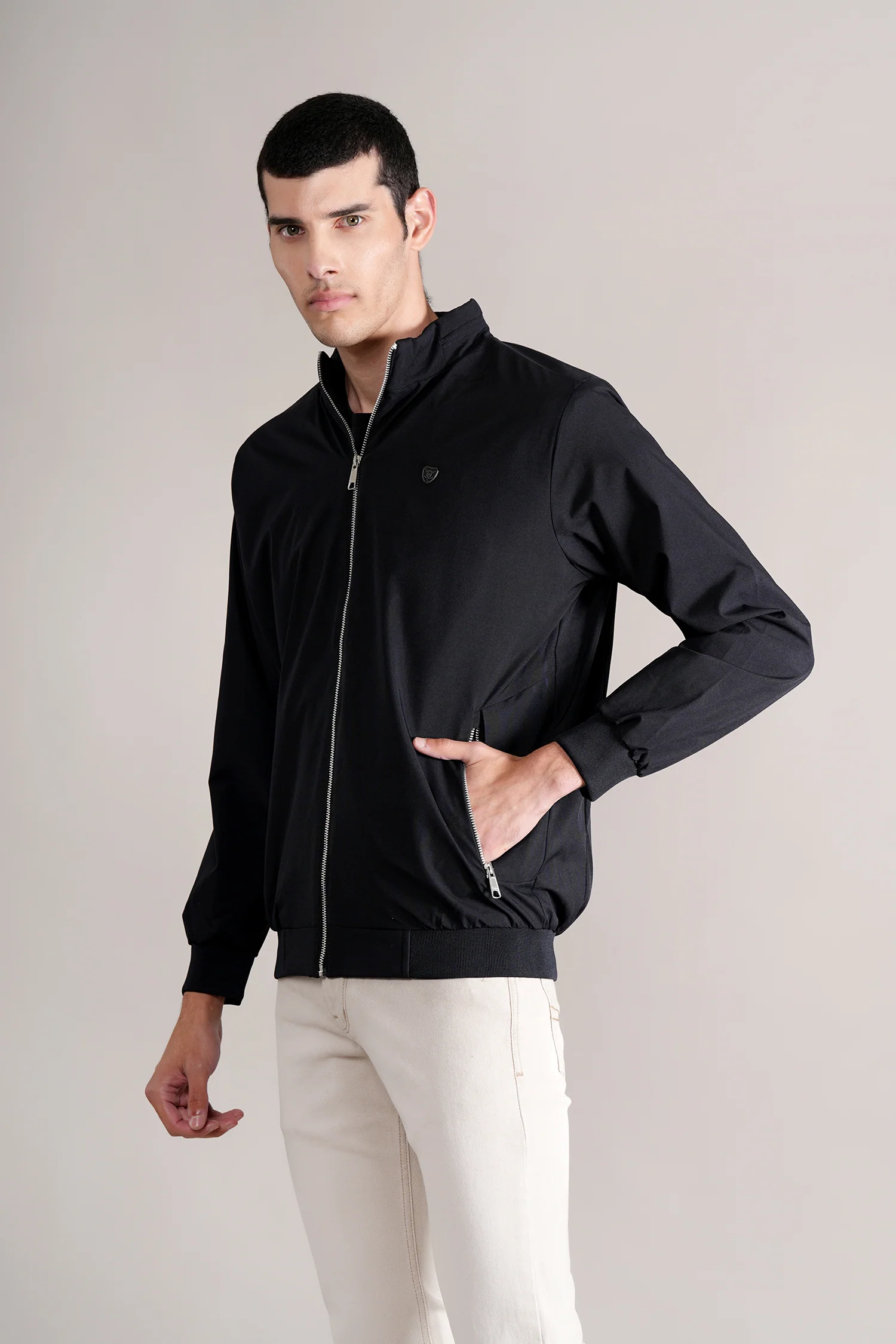 Men's Navy Solid Mock Collar Jacket - Image 4