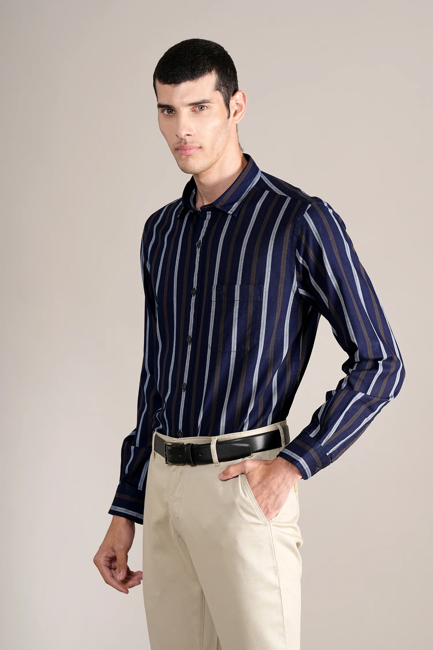 Casual Shirt for Men | Breathable & Soft with Color Fastness Regular Fit Spread Collar Neck Cotton Fabric Striped Pattern - Image 3