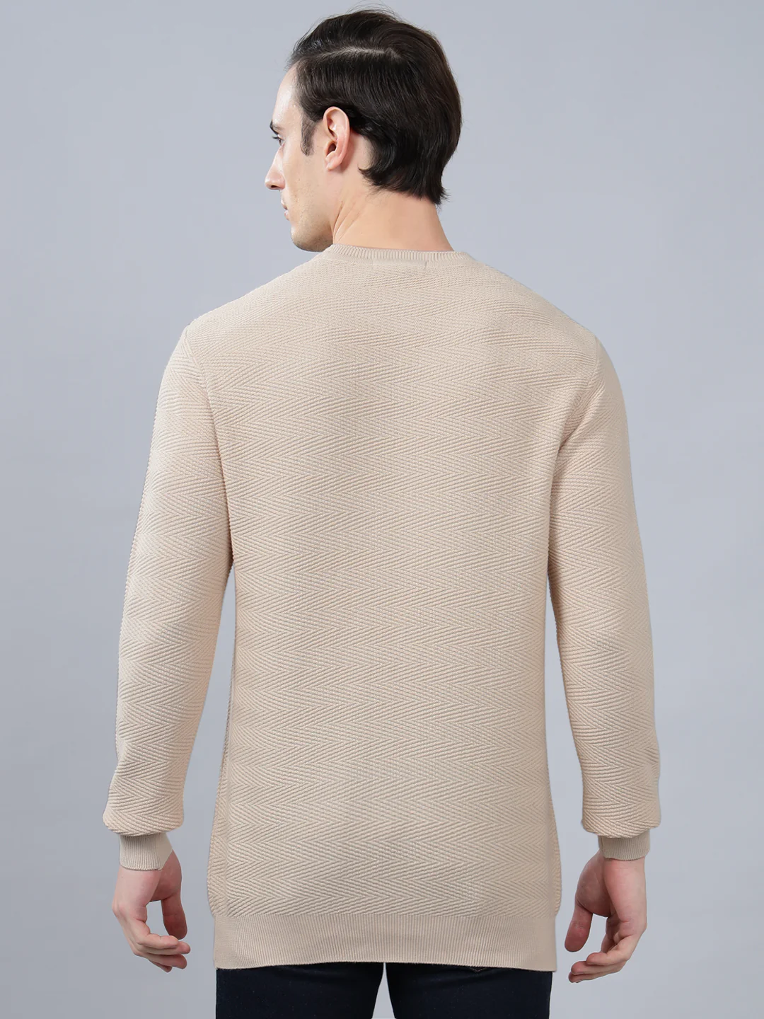 Men's Off White Self Design Full Sleeve Sweater - Image 2