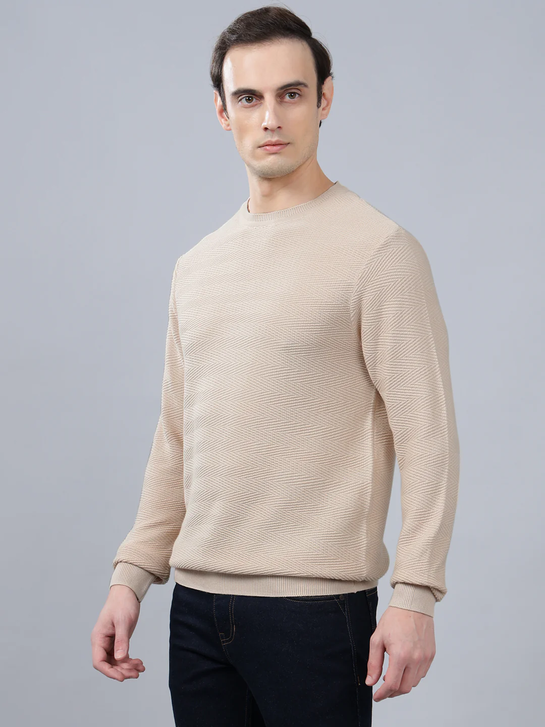 Men's Off White Self Design Full Sleeve Sweater - Image 3