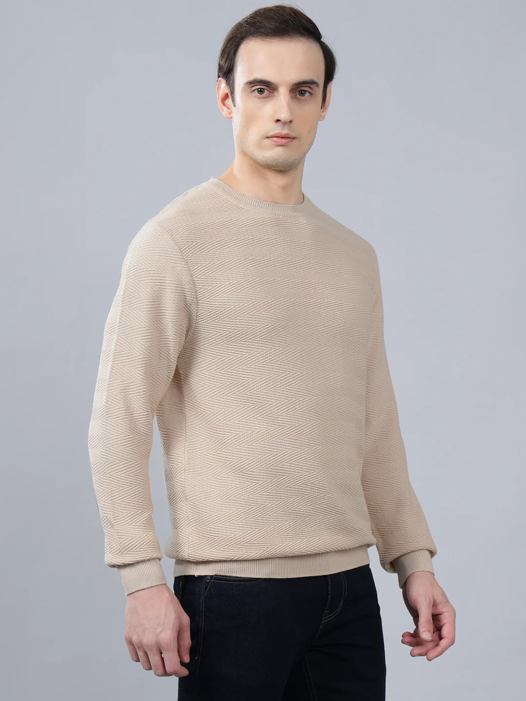 Men's Off White Self Design Full Sleeve Sweater - Image 4
