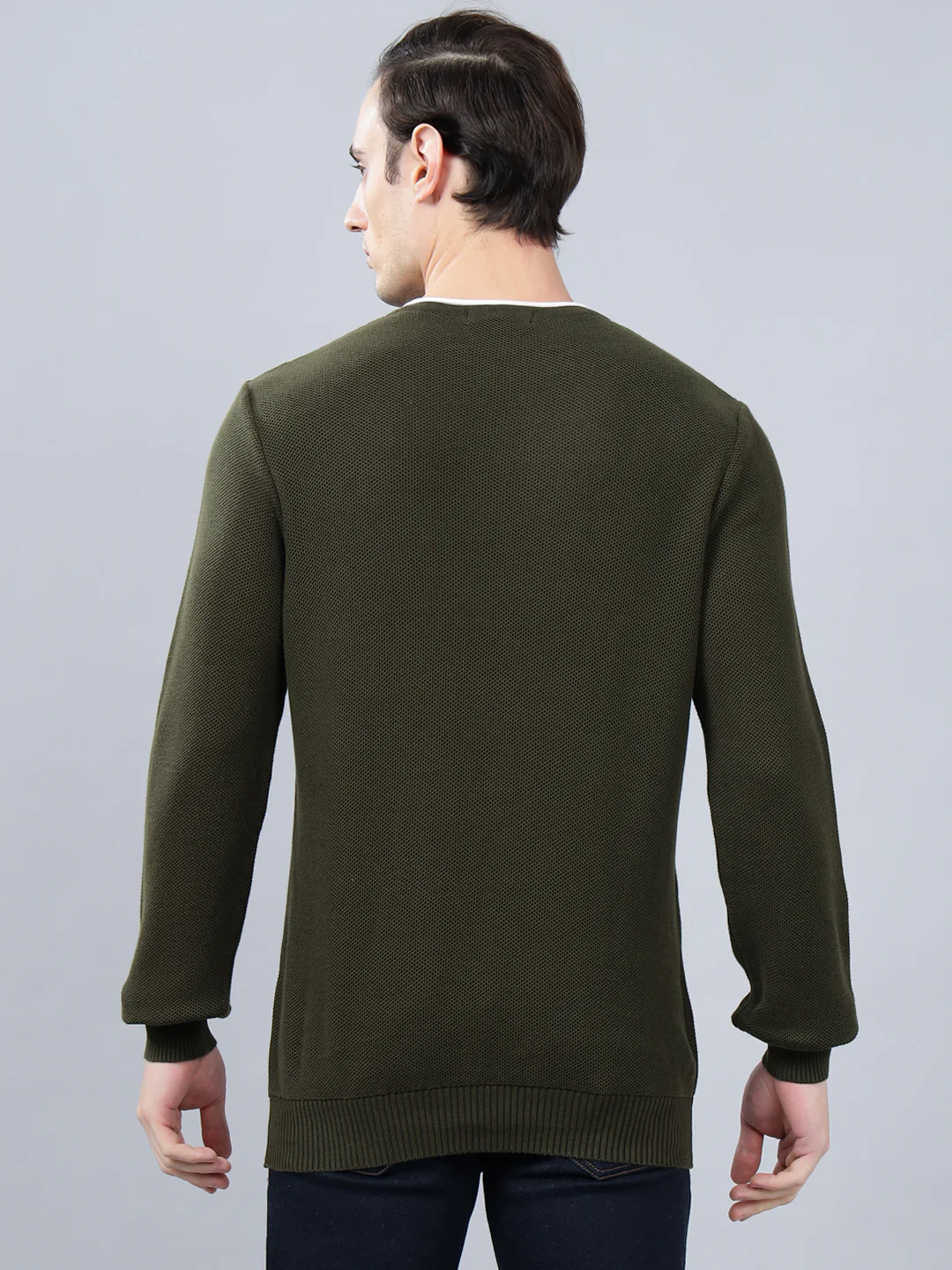 Men's Olive Green Self Design Full Sleeve Sweater - Image 2