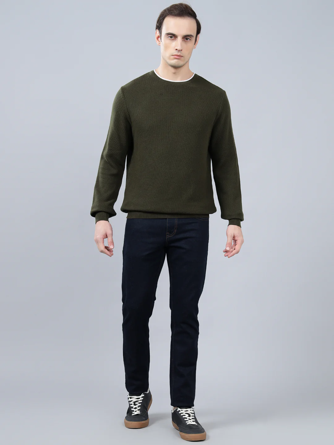 Men's Olive Green Self Design Full Sleeve Sweater - Image 3