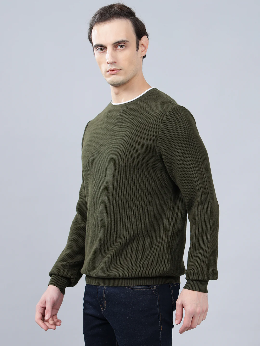 Men's Olive Green Self Design Full Sleeve Sweater - Image 4