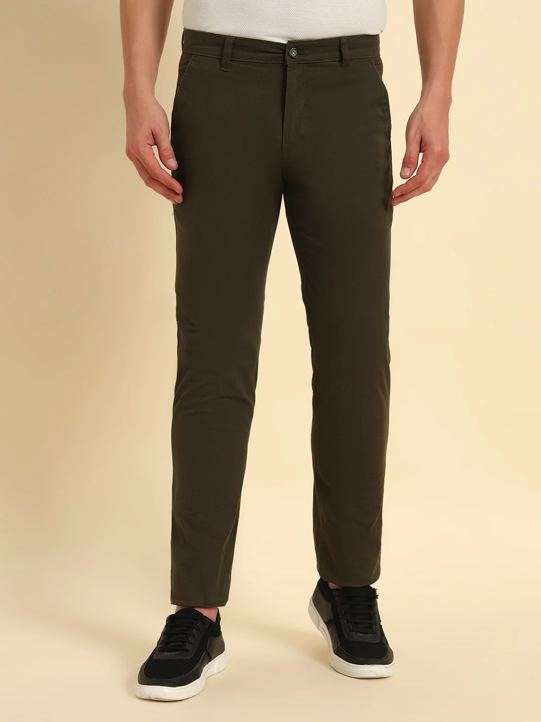 Casual Trouser for Men | Breathable & Soft with Color Fastness Regular Fit Cotton Blend Fabric Self Design Pattern Button Closure - Image 3