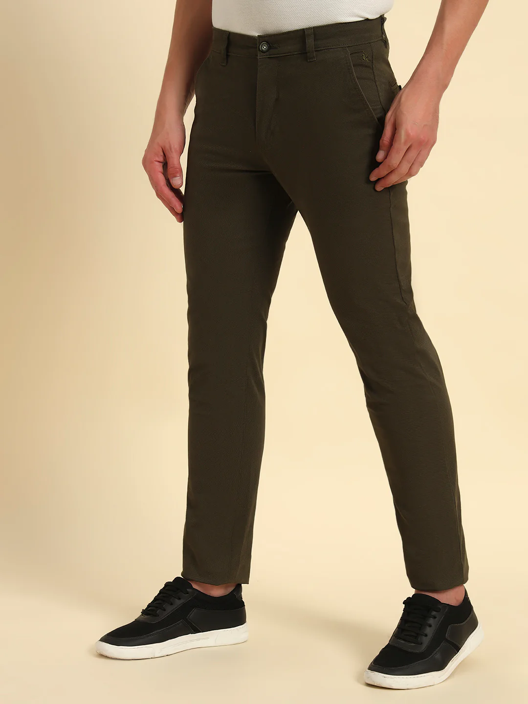 Casual Trouser for Men | Breathable & Soft with Color Fastness Regular Fit Cotton Blend Fabric Self Design Pattern Button Closure - Image 4