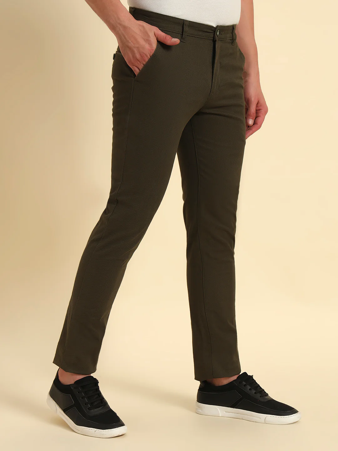 Casual Trouser for Men | Breathable & Soft with Color Fastness Regular Fit Cotton Blend Fabric Self Design Pattern Button Closure - Image 5