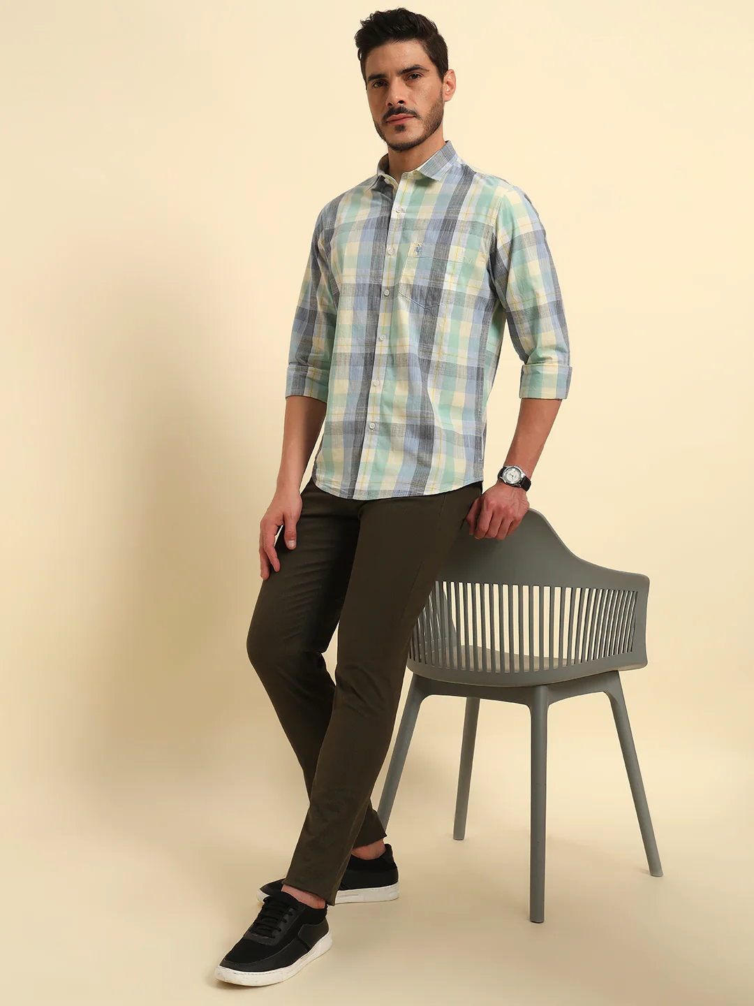Casual Trouser for Men | Breathable & Soft with Color Fastness Regular Fit Cotton Blend Fabric Self Design Pattern Button Closure - Image 7