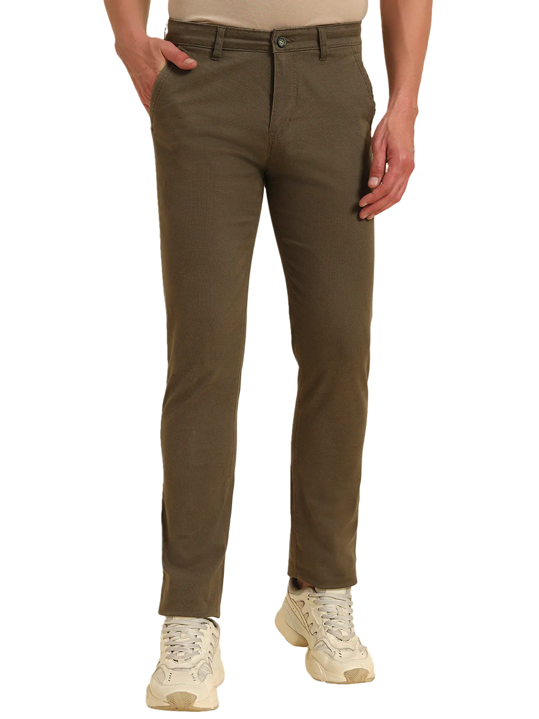 Casual Trouser for Men | Breathable & Soft with Color Fastness Regular Fit Cotton Blend Fabric Self Design Pattern Button Closure - Image 2