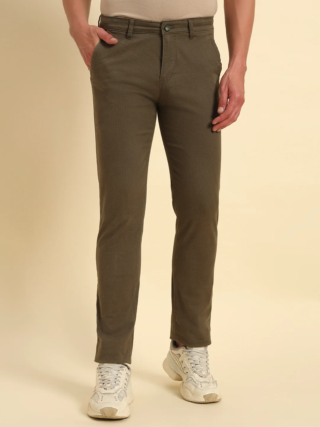 Casual Trouser for Men | Breathable & Soft with Color Fastness Regular Fit Cotton Blend Fabric Self Design Pattern Button Closure - Image 3