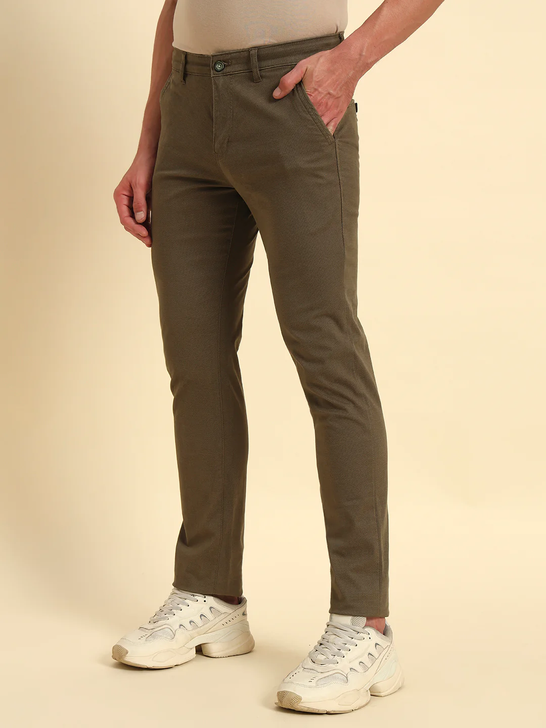 Casual Trouser for Men | Breathable & Soft with Color Fastness Regular Fit Cotton Blend Fabric Self Design Pattern Button Closure - Image 4