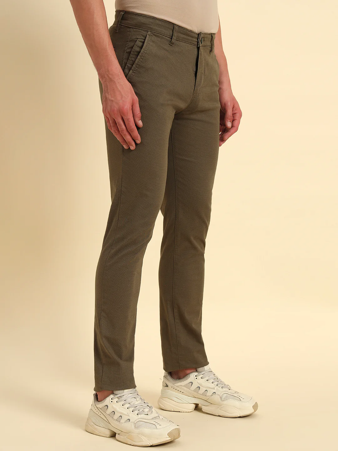 Casual Trouser for Men | Breathable & Soft with Color Fastness Regular Fit Cotton Blend Fabric Self Design Pattern Button Closure - Image 5