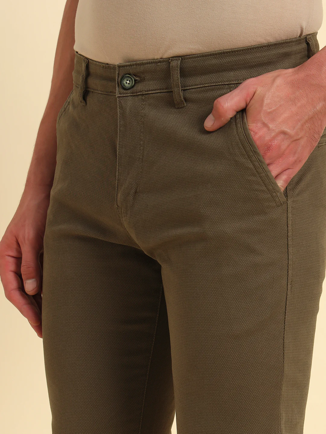 Casual Trouser for Men | Breathable & Soft with Color Fastness Regular Fit Cotton Blend Fabric Self Design Pattern Button Closure - Image 6