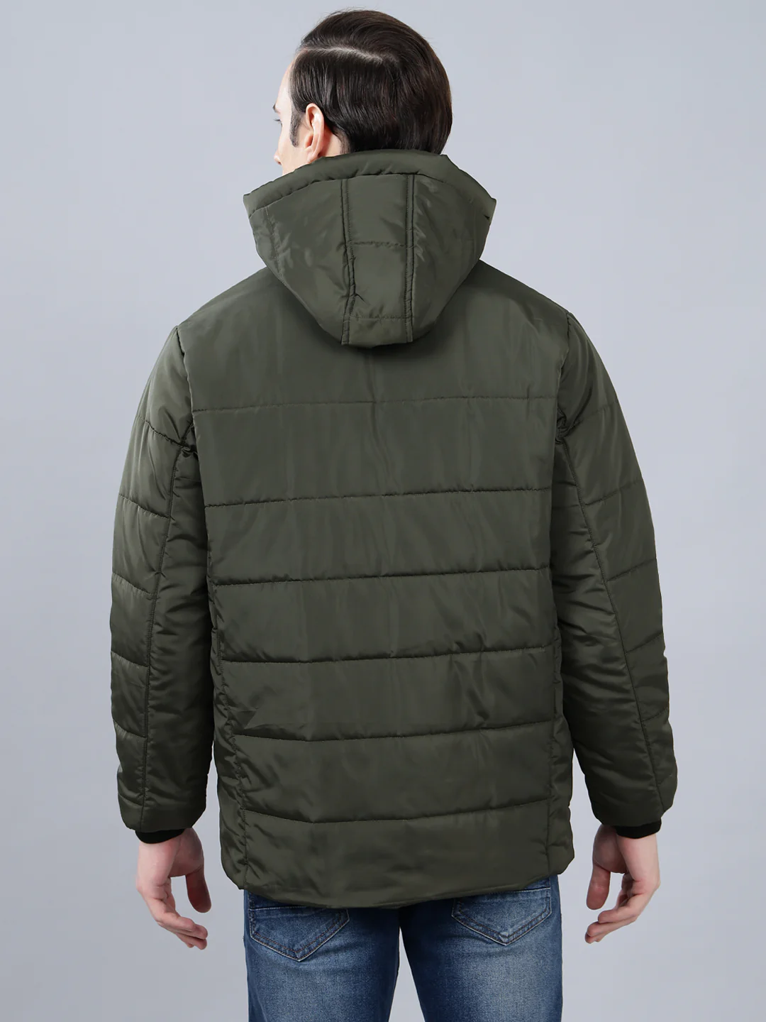 Men's Olive Green Solid Hooded Winter Jacket - Image 2