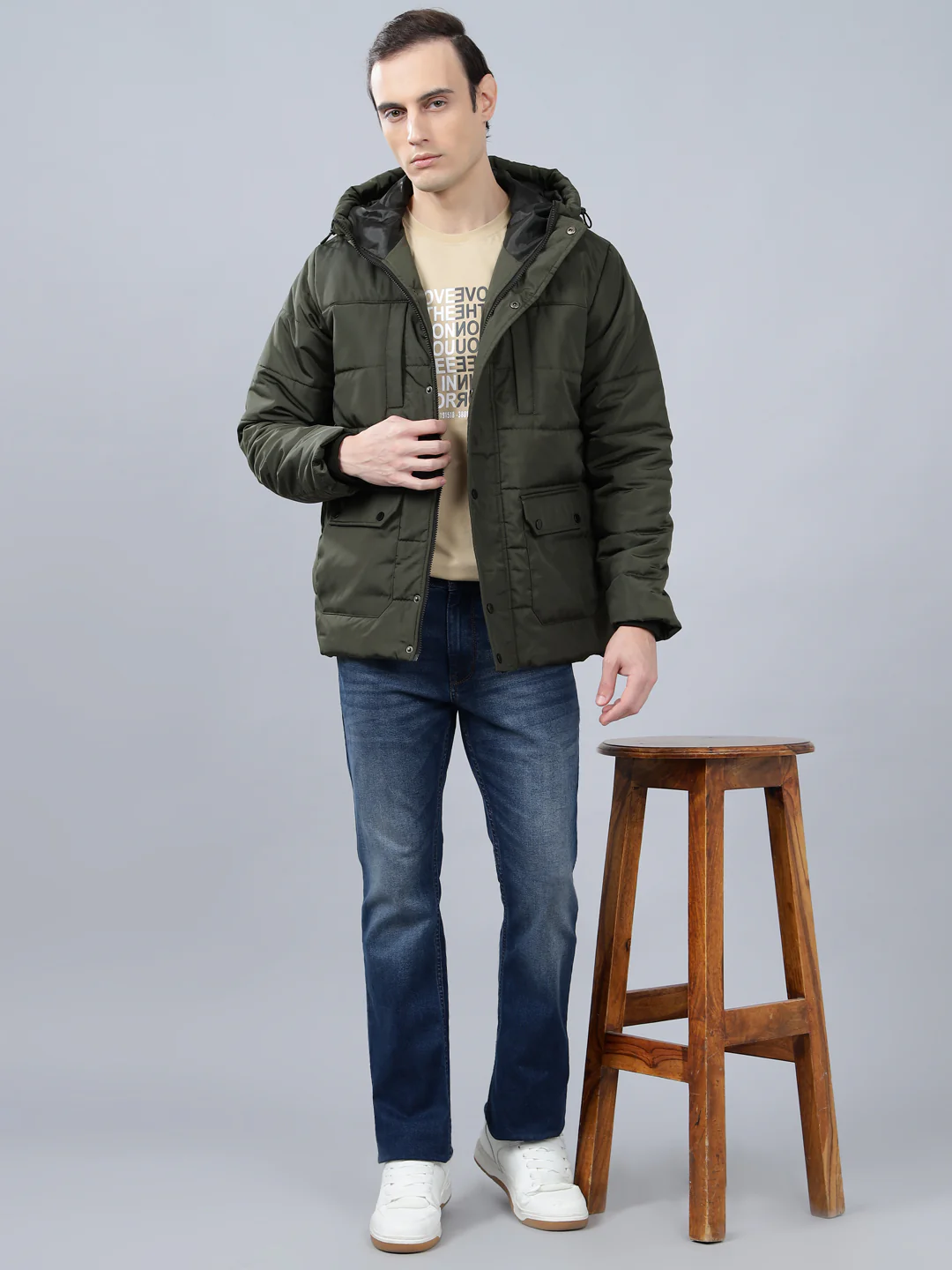 Men's Olive Green Solid Hooded Winter Jacket - Image 3