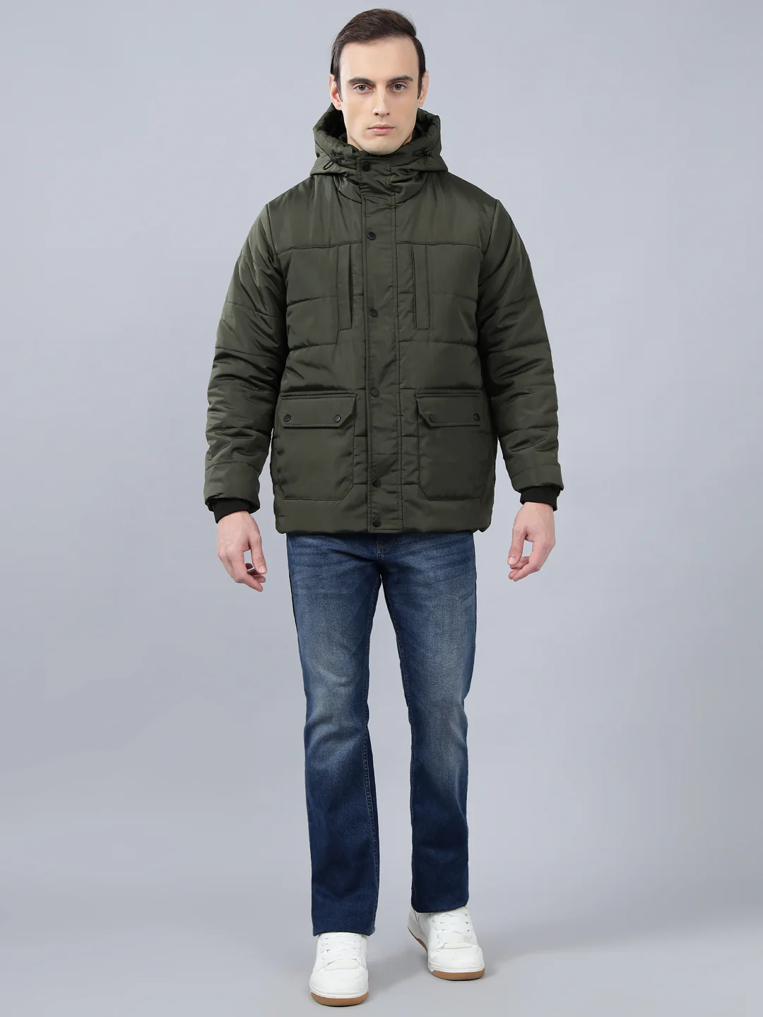 Men's Olive Green Solid Hooded Winter Jacket - Image 4