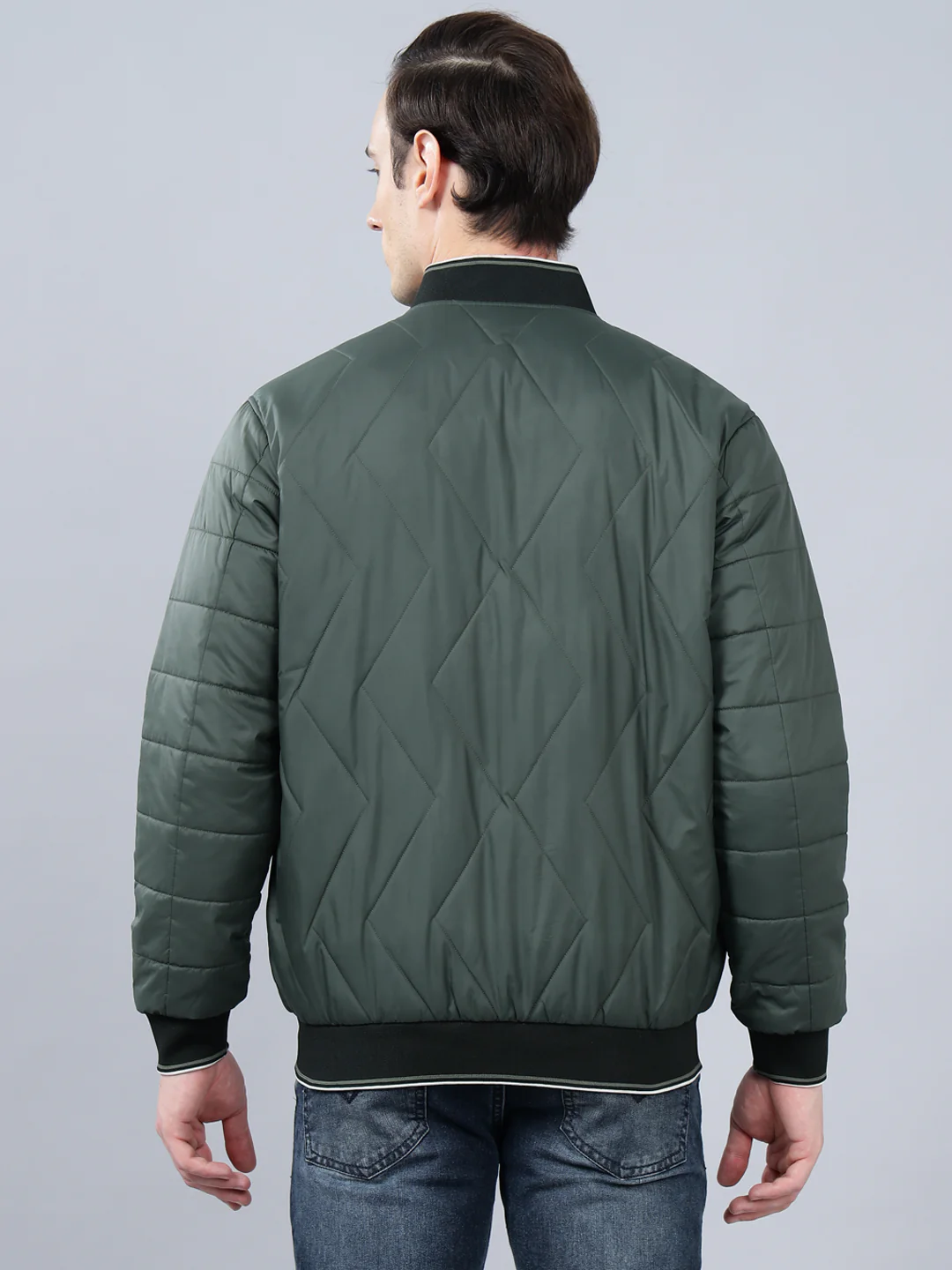 Men's Olive Green Solid Mock Neck Reversible Winter Jacket - Image 2