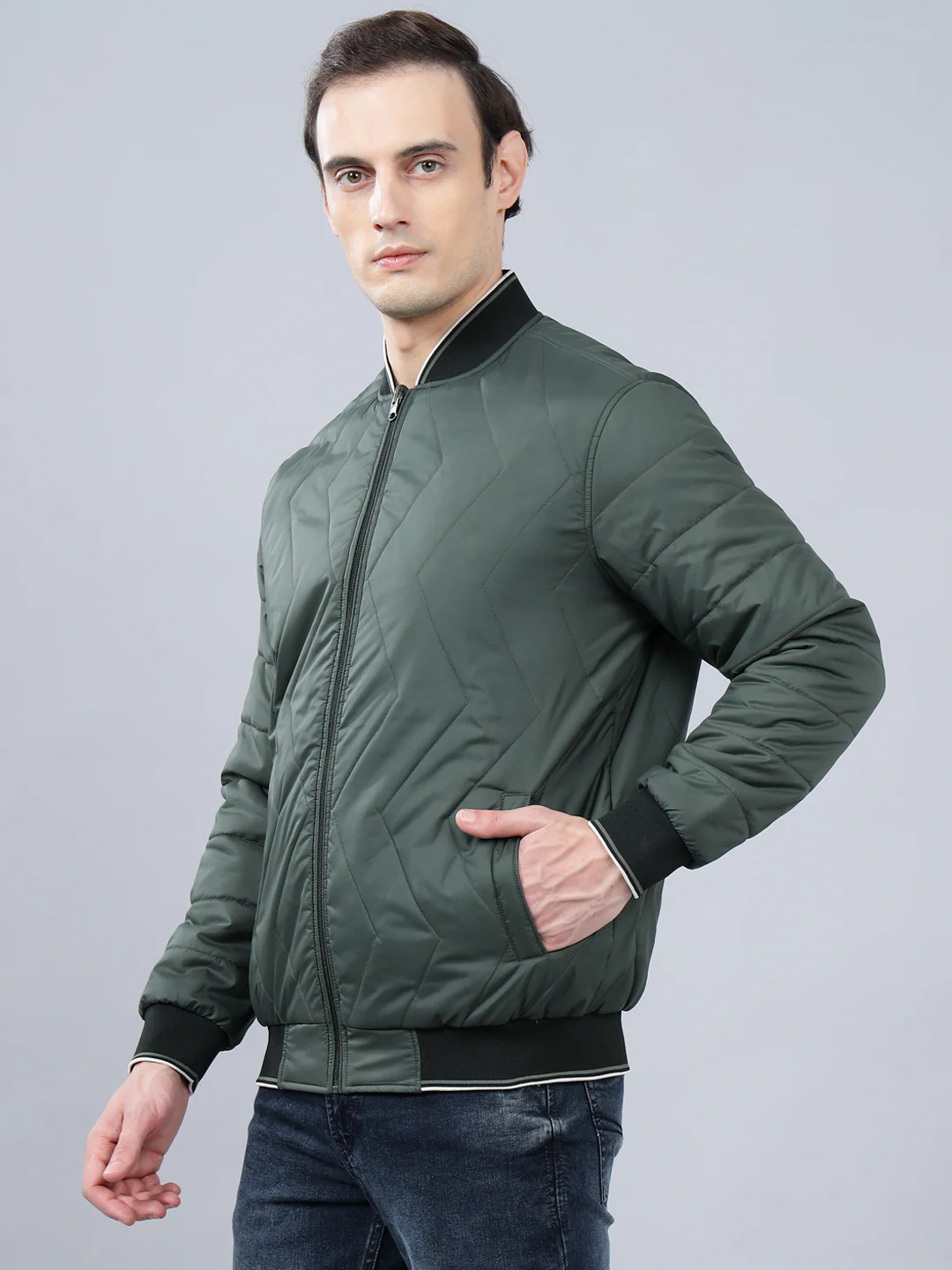 Men's Olive Green Solid Mock Neck Reversible Winter Jacket - Image 3
