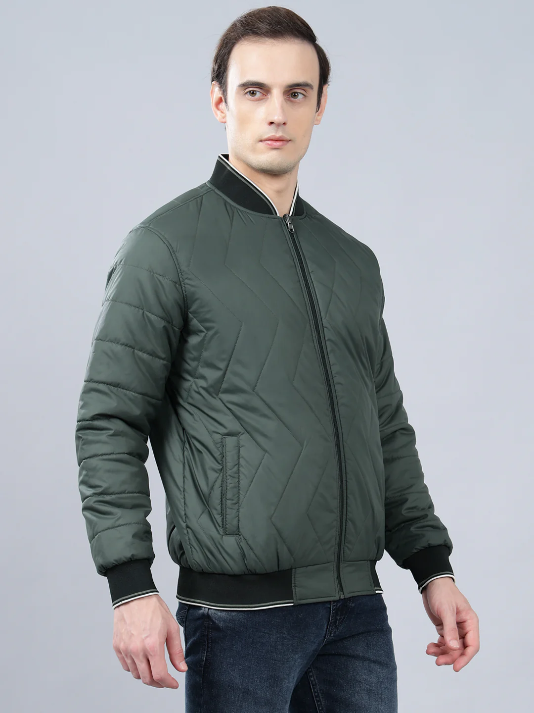 Men's Olive Green Solid Mock Neck Reversible Winter Jacket - Image 4