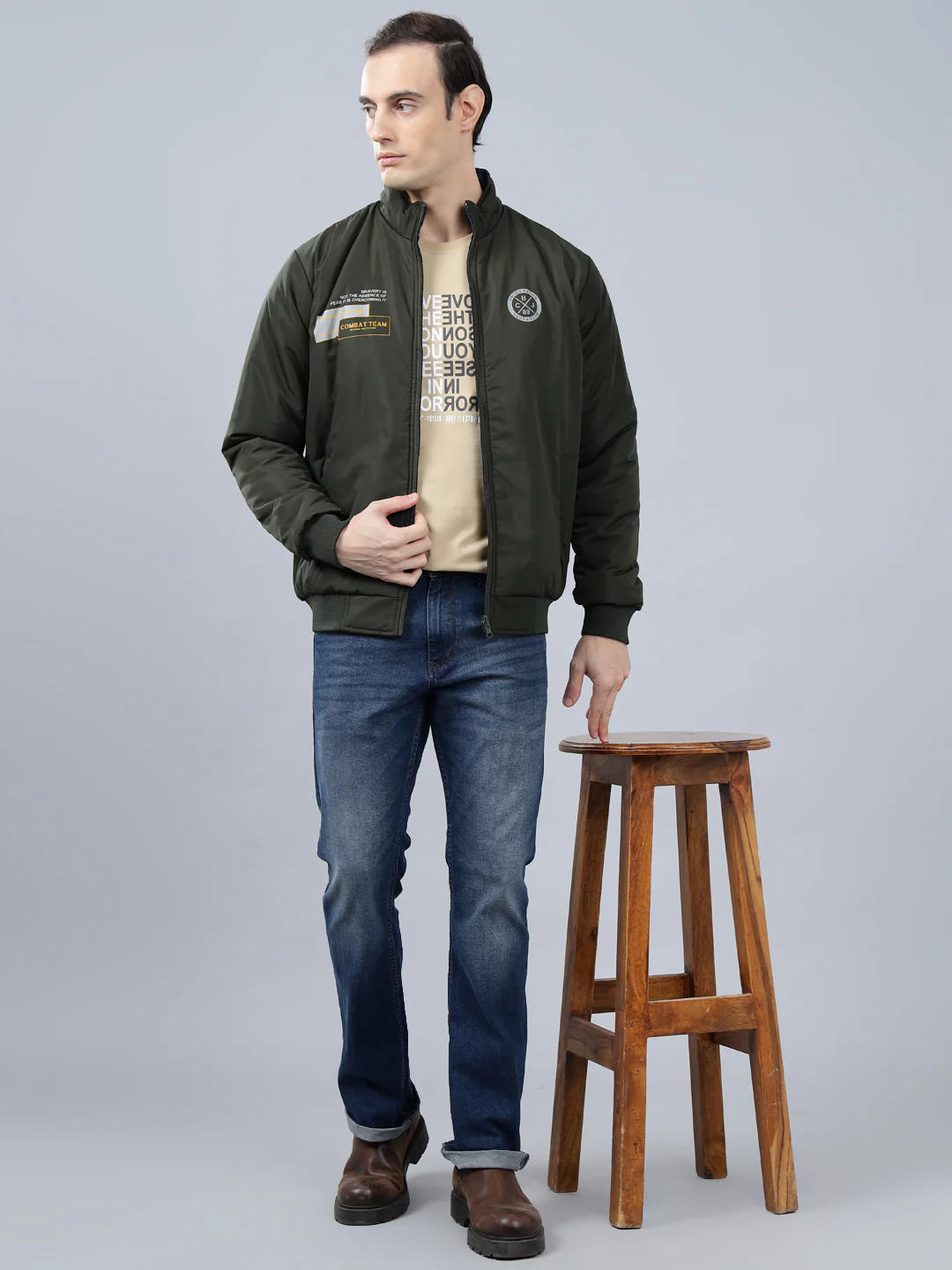 Men's Olive Green Solid Mock Neck Reversible Winter Jacket - Image 2