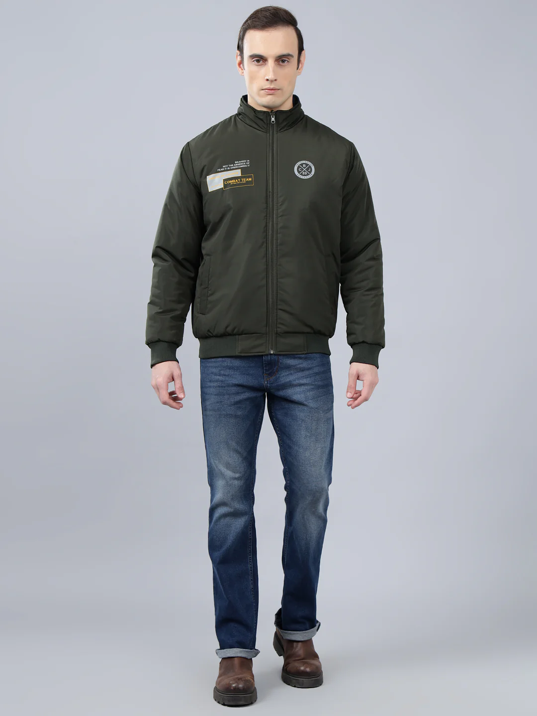 Men's Olive Green Solid Mock Neck Reversible Winter Jacket - Image 3