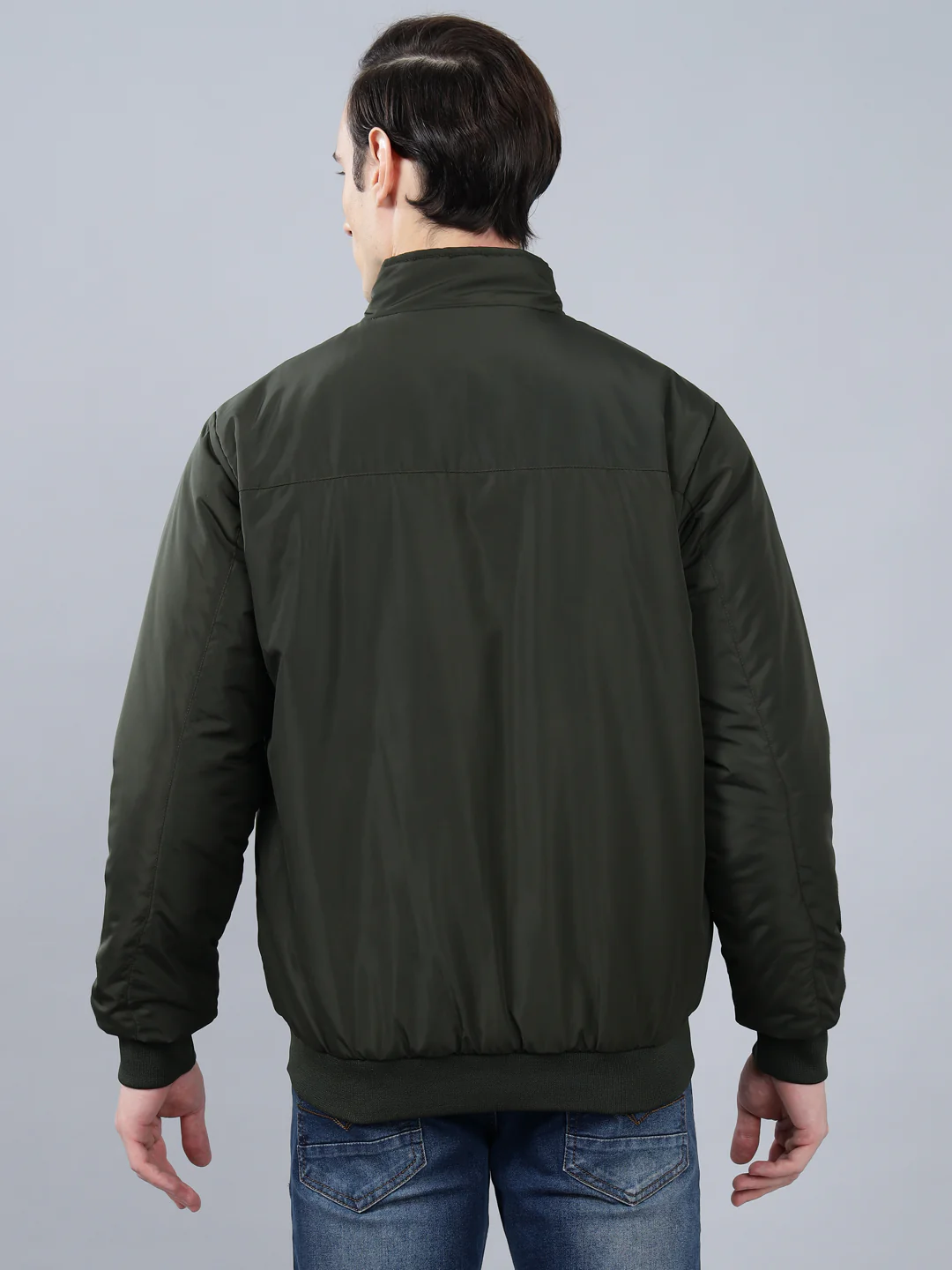 Men's Olive Green Solid Mock Neck Reversible Winter Jacket - Image 4