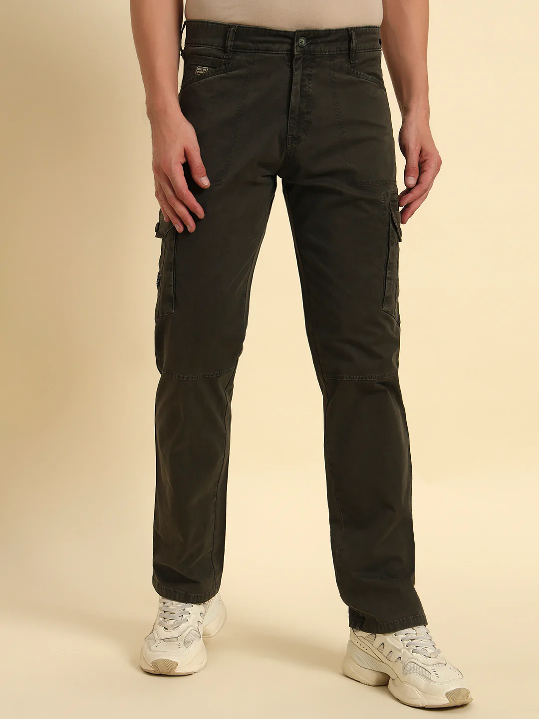 Men's Olive Green Solid Regular Fit Casual Cargo - Image 5