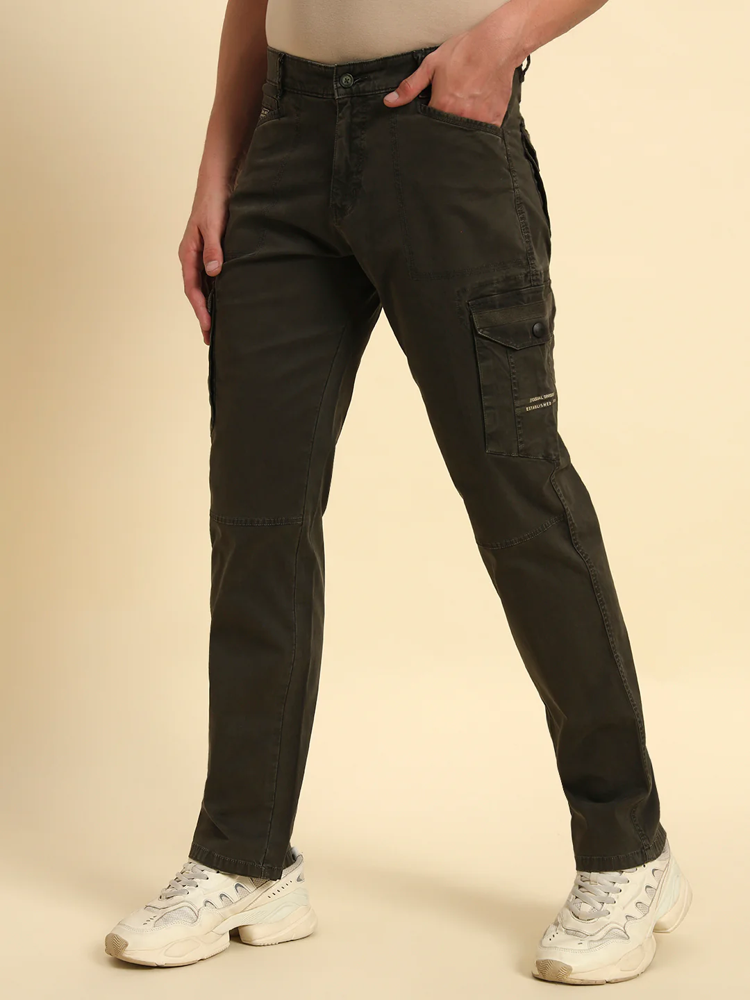 Men's Olive Green Solid Regular Fit Casual Cargo - Image 6