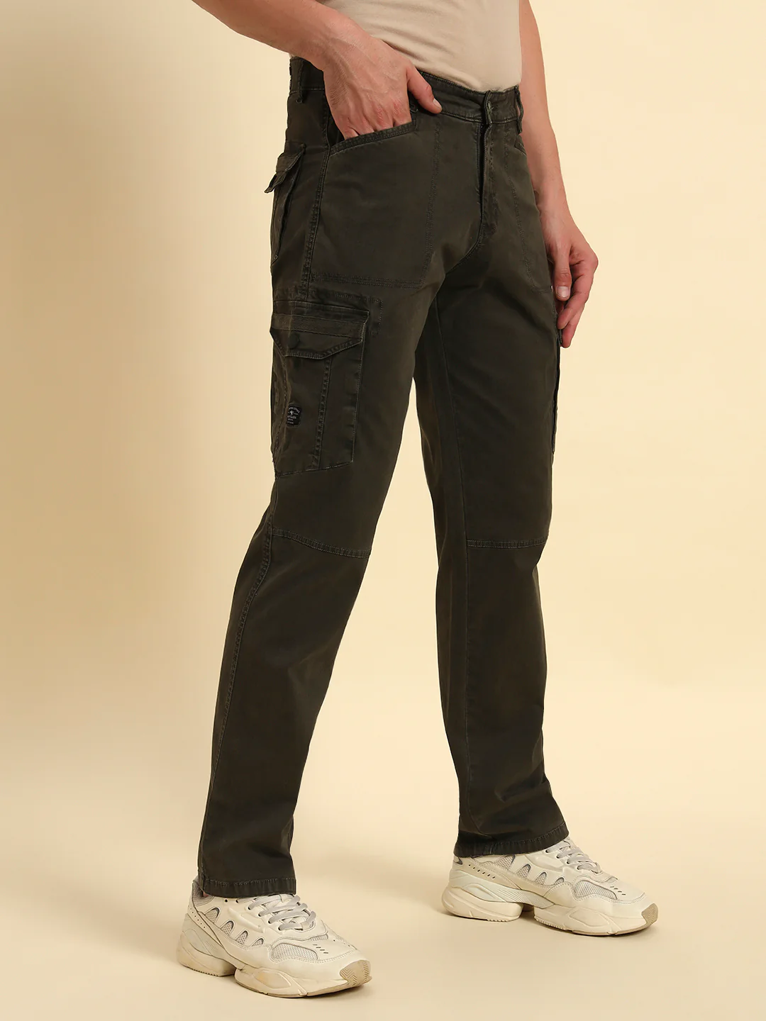 Men's Olive Green Solid Regular Fit Casual Cargo - Image 7