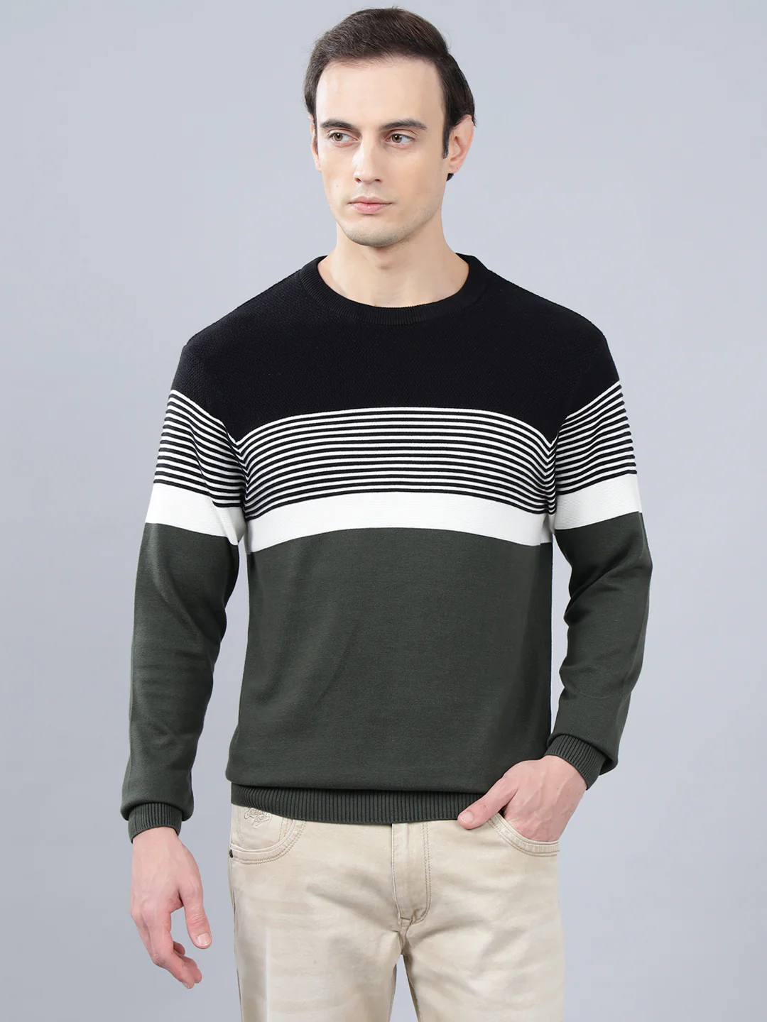Men's Olive Green Striped Full Sleeve Sweater - Image 2
