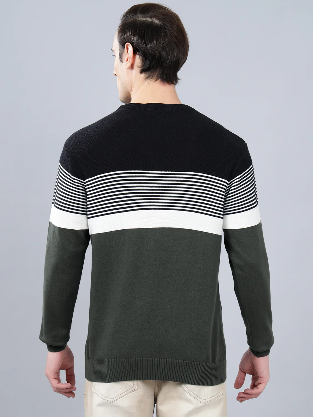 Men's Olive Green Striped Full Sleeve Sweater - Image 3