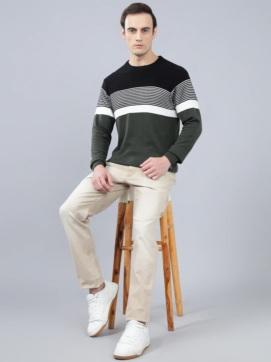 Men's Olive Green Striped Full Sleeve Sweater - Image 4