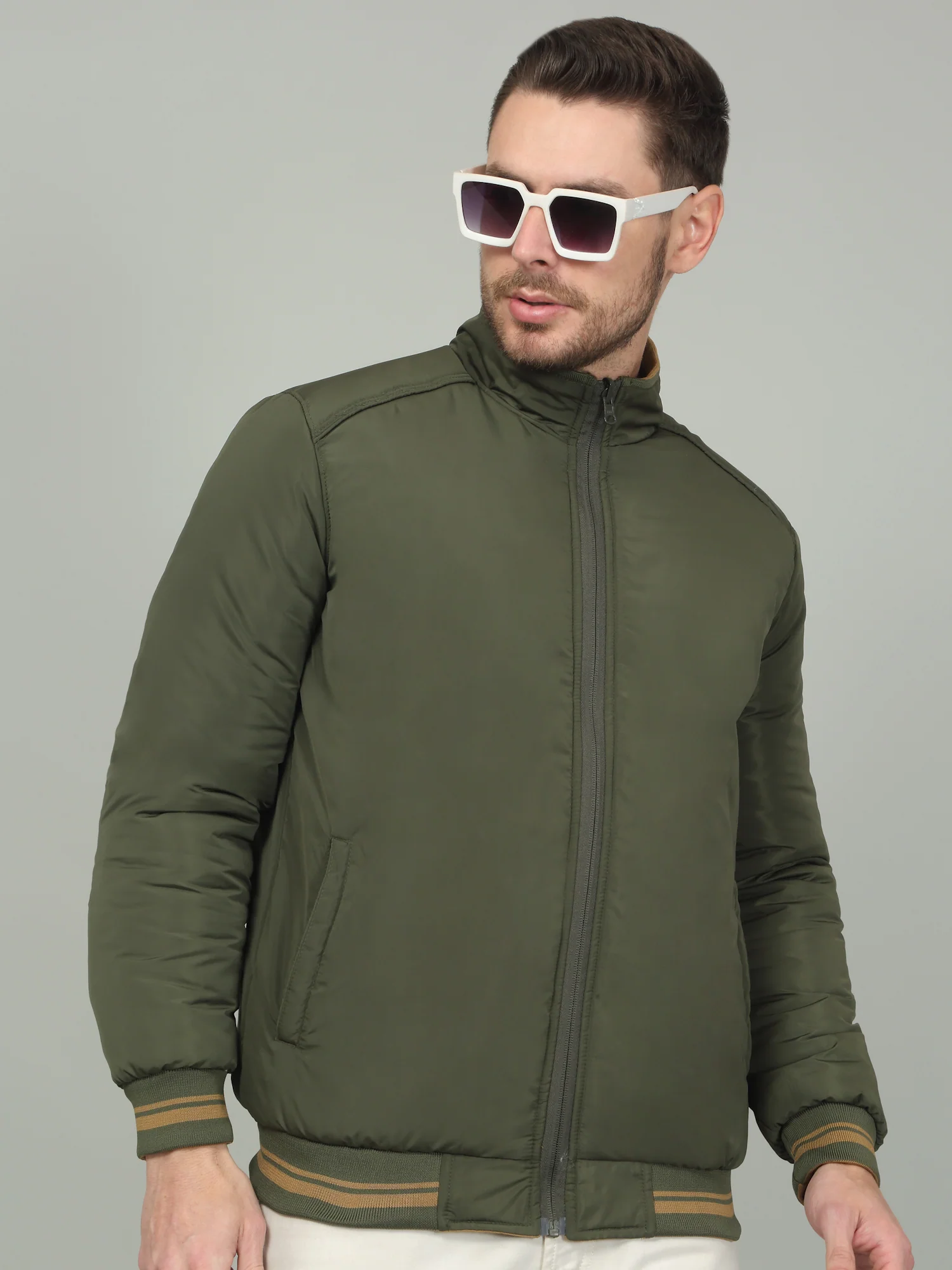 Men's Olive Solid Mock Neck Reversible Jacket - Image 4