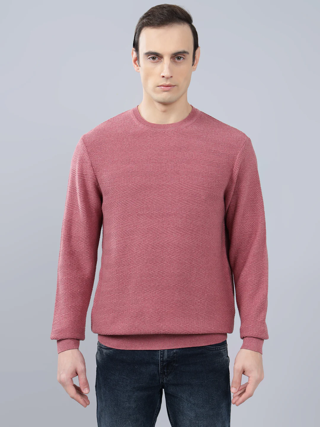 Men's Pink Self Design Full Sleeve Sweater - Image 2