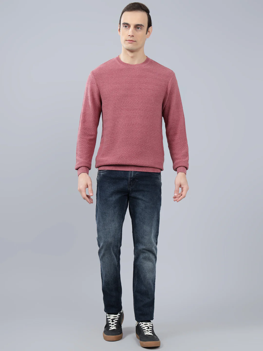 Men's Pink Self Design Full Sleeve Sweater - Image 3