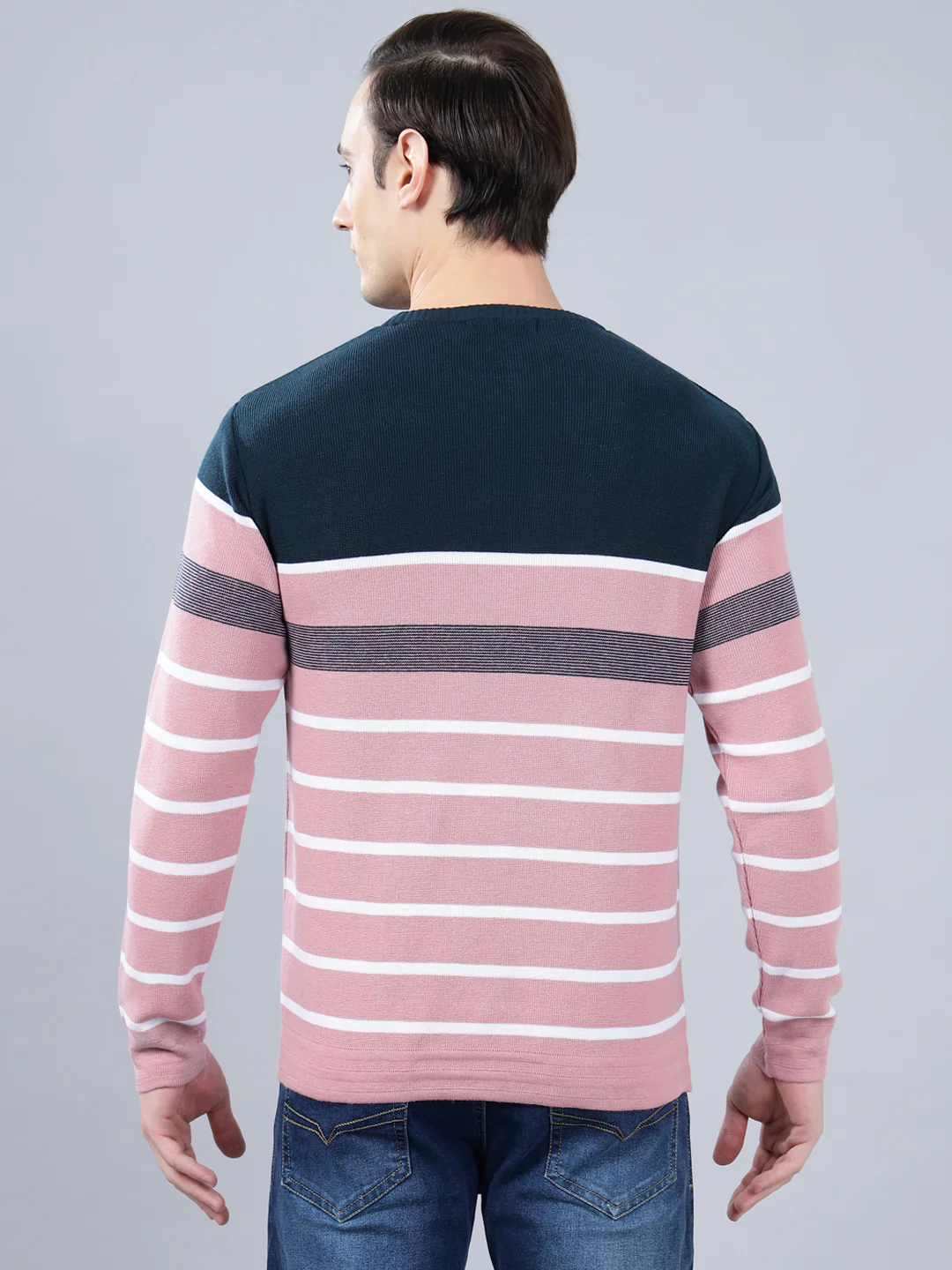 Men's Pink Striped Full Sleeve Sweater - Image 2