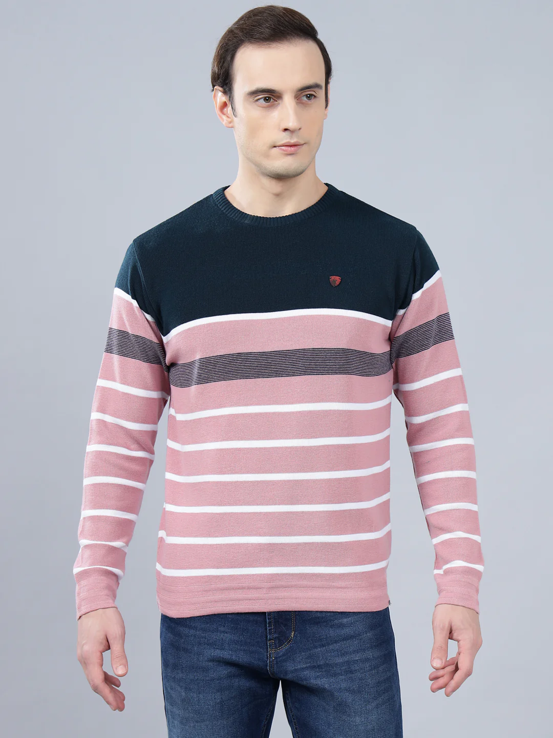 Men's Pink Striped Full Sleeve Sweater - Image 3